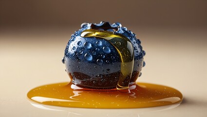 Golden Honey Dripping on Glossy Blue Fruit Macro Photography.