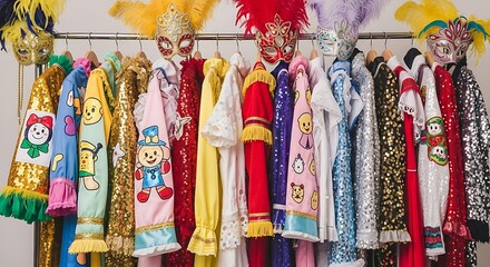 Sequined Costumes and Venetian Masks on a Rack