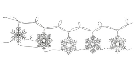 Continuous line drawing of decorative snowflake string lights, white background