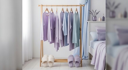Serene Bedroom with Lavender-toned Clothing on Wooden Rack