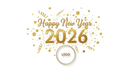 Elegant golden Happy New Year 2026 greeting banner design with luxury typography and festive sparkling confetti on an isolated white background
