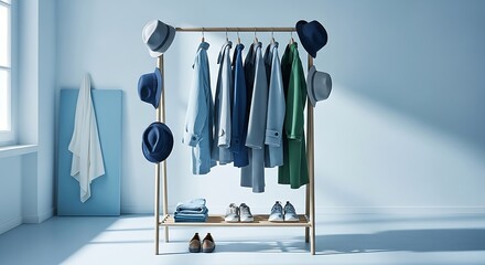 Serene Blue Clothing Display on Wooden Rack