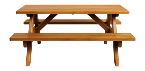 Wooden picnic table set with benches, perfect for family gatherings in parks.