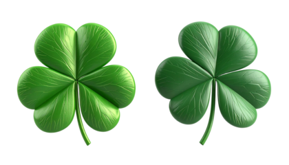 Two 3D Four-Leaf Clover Variations Side by Side, isolated on transparent background