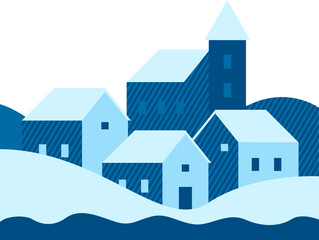 Village winter scene illustration. Winter nature modern minimalist geometric illustration of a village,  mountains, snowflake for a poster, greeting card.