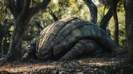 Giant turtle resting, forest shade, sunlight dappled, nature documentary