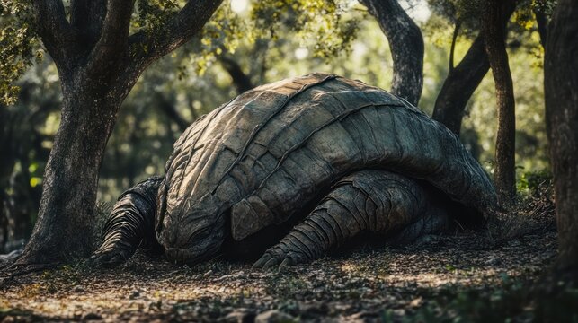 Giant turtle resting, forest shade, sunlight dappled, nature documentary
