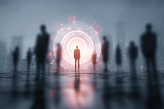 Blurred figures surround a person standing before a glowing portal in city. - Powered by Adobe