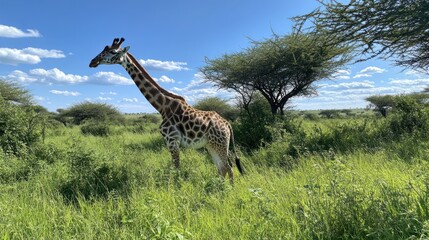 Obraz premium Giraffe grazing savanna grassland under sunny sky