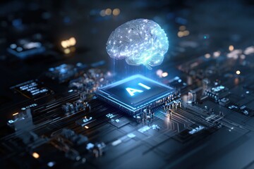 Glowing brain above a computer chip labeled ai on a circuit board.