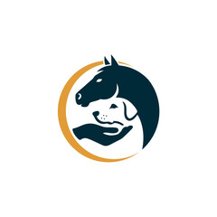 Veterinary Care Logo: Horse and Dog in a Supportive Hand, Circle