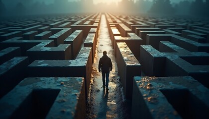 Solitary Figure Walking Through a Concrete Maze at Dawn
