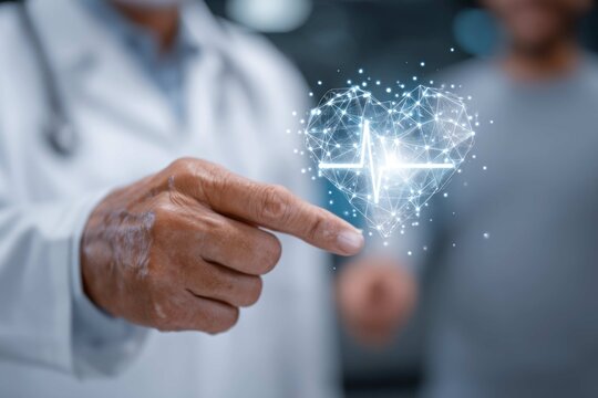 Doctor pointing at glowing medical symbol with patient in background healthcare setting.