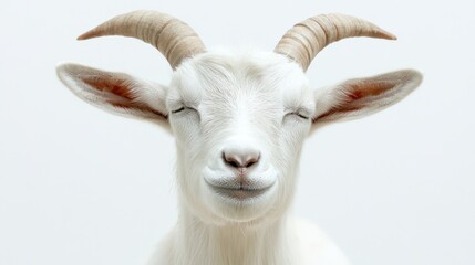Obraz premium White goat portrait against white background; studio shot; possible use for children's book illustrations or animal nature photography