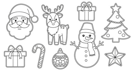 A cute vector illustration of outlined Christmas holiday elements, perfect for coloring books and decorations, white background