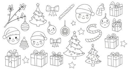 A cute vector illustration of outlined Christmas holiday elements, perfect for coloring books and decorations, white background
