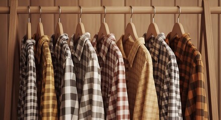 Stylish Plaid Shirts Hanging on Wooden Hangers in a Well-Lit Closet