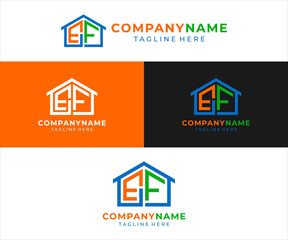 The logo design combines the letters EF and a house, using the colors blue, orange, and green.