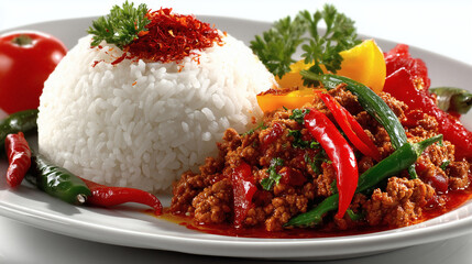 Spicy chili con carne with fluffy rice garnished with chili peppers ready for a flavorful and satisfying meal perfect for food blogging recipes