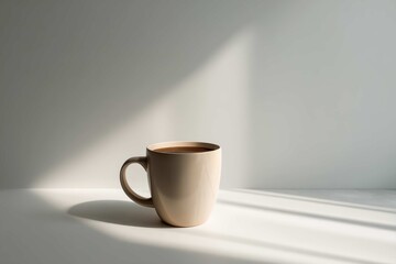A beige mug sits on a white surface with a light and shadow pattern.