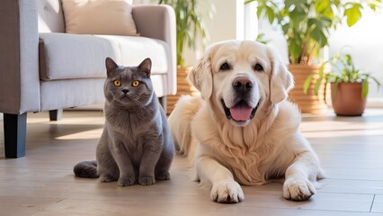 Playful cats and dogs together in a bright living room pet photography cozy environment friendly atmosphere