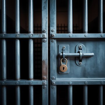 Close up of a dark metal prison cell door with a padlock and bolt