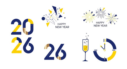 Celebrate New Year 2026 Festive Designs with Fireworks, Champagne, and Clock Icons © Alfarizi