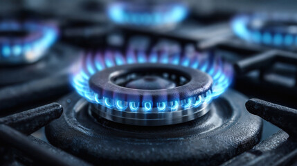 Stunning blue flames dancing on a modern gas stove burner perfect for culinary projects energy efficiency campaigns or innovative kitchen designs