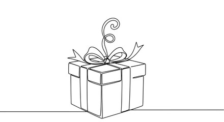 Continuous line drawing of a gift box with a ribbon and decorative swirl, white background