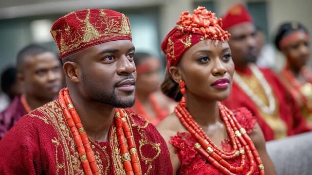 Eternal Bond: Two people, radiating dignity and pride, adorned in regal red attire, symbolize the heart of a wedding, a cultural celebration of love and unity. Capturing the richness of the moment.
