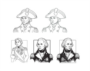 set of Mr Dear Admiral Nelson statue in Trafalgar Square, London, England, UK. Nelson colunm. Travel London label isolated.