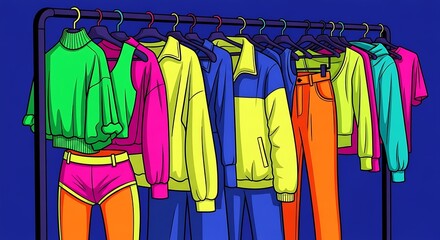 Vibrant Colorful Clothing Displayed on a Rack Against a Deep Blue Background