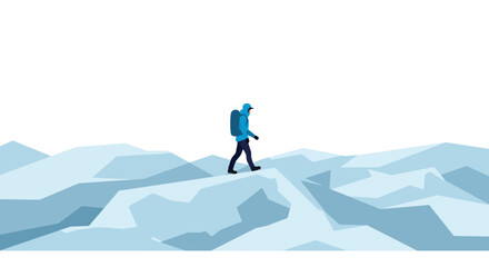 Blue Landscape Journey A Lone Hiker's Expedition Across a Snowy Mountain Range