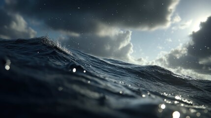 Fototapeta premium Ocean waves under a cloudy sky with sunlight breaking through the clouds.