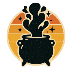 Mystical Cauldron Silhouette: Vibrant Fantasy Magic with Vintage Charm on White Background