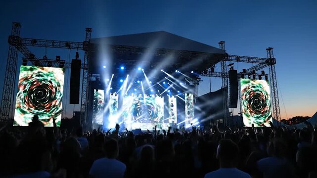 Outdoor music concert stage with bright lights and crowd at twilight