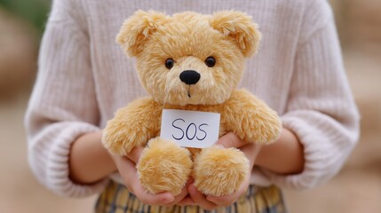 Obraz premium Child Holding Teddy Bear With SOS Note
