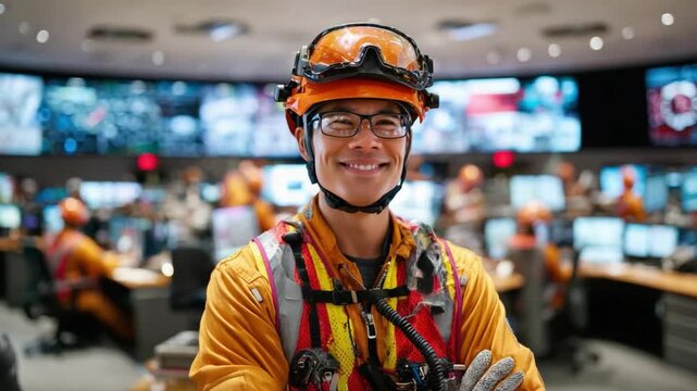 Optimistic Professional in Command Center: A confident professional, adorned in protective gear, radiates optimism and competence as he oversees the bustling operations within a command center. 