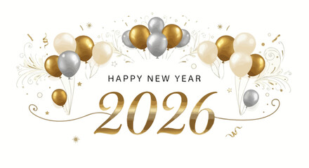 Obraz premium Elegant New Year's Eve celebration with balloons and confetti for 2026.