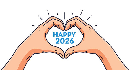 Hands forming a heart shape with the text "HAPPY 2026" inside, conveying a message of joy.