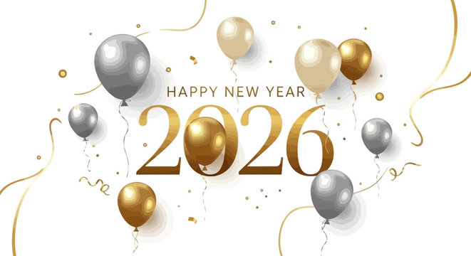 Happy New Year 2026 greeting with elegant gold and silver balloons and confetti on a white background.