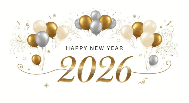 Elegant New Year's Eve celebration with balloons and confetti for 2026.