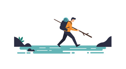 A Traveler Crossing a Stream with a Stick and Backpack Illustration