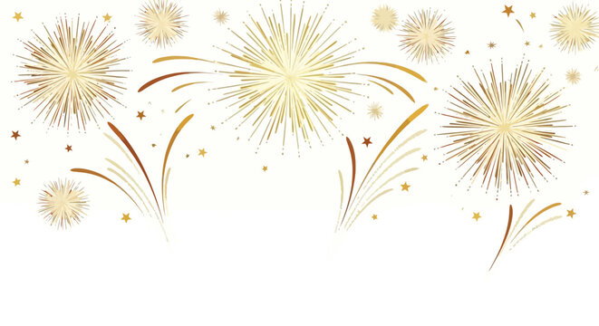Golden fireworks exploding in a festive celebration display on a white background with copy space.