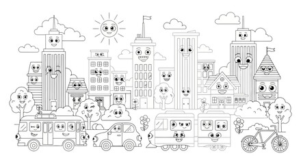 Obraz premium Black and white illustration of a city with smiling buildings, vehicles, and natural elements.