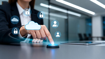 Business person interacting with cloud technology icons