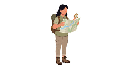 Young Woman Hiker Navigating with Map and Compass on Outdoor Adventure