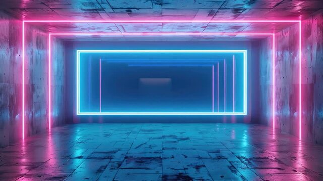 video A room devoid of furniture and decorations except for a bright neon frame in the center