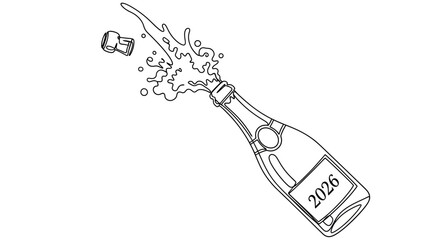 Line art drawing of a champagne bottle popping with the cork flying and liquid splashing, celebrating the year 2026.