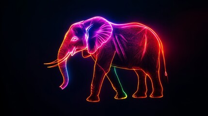 Neon Elephant in the dark: A stunning neon elephant, its form illuminated with vibrant hues, stands majestically against a dark canvas, radiating energy and wonder.